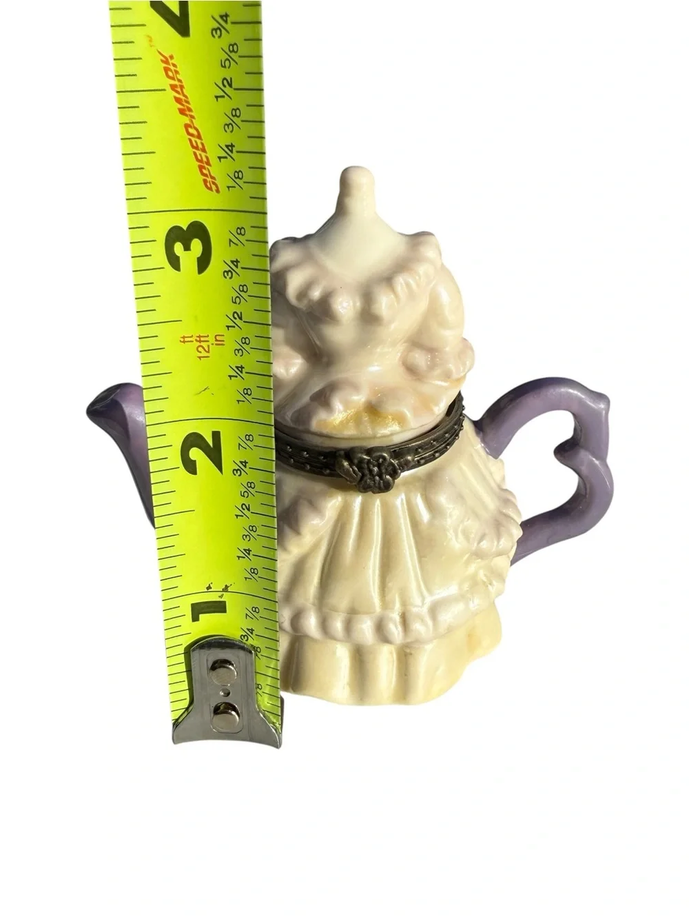 Vintage Dress Teapot Trinket Box Ceramic Hinged Jewelry Box Cottagecore Decor 3”